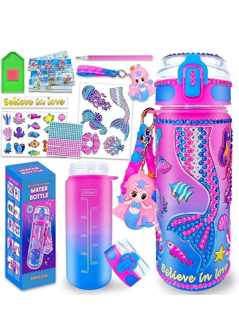 Pink Mermaid Sequin Water Bottle Set - Believe in Love